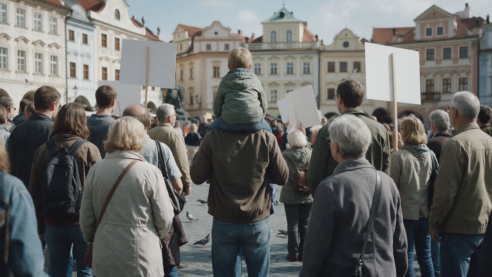 Pokojná demonstrace na náměstí, lidé zezadu s prázdnými transparenty