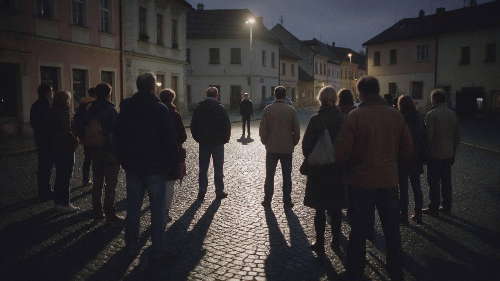 Skupina lidí zezadu hledí na osamělou postavu pod pouliční lampou