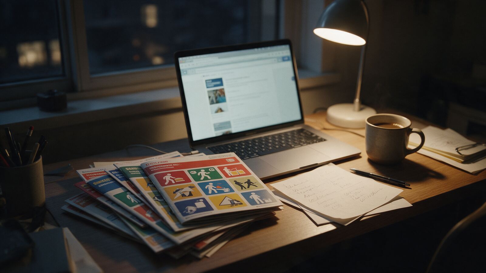 Pracovní stůl v noci s notebookem, zahraničními příručkami, poznámkami a kávou