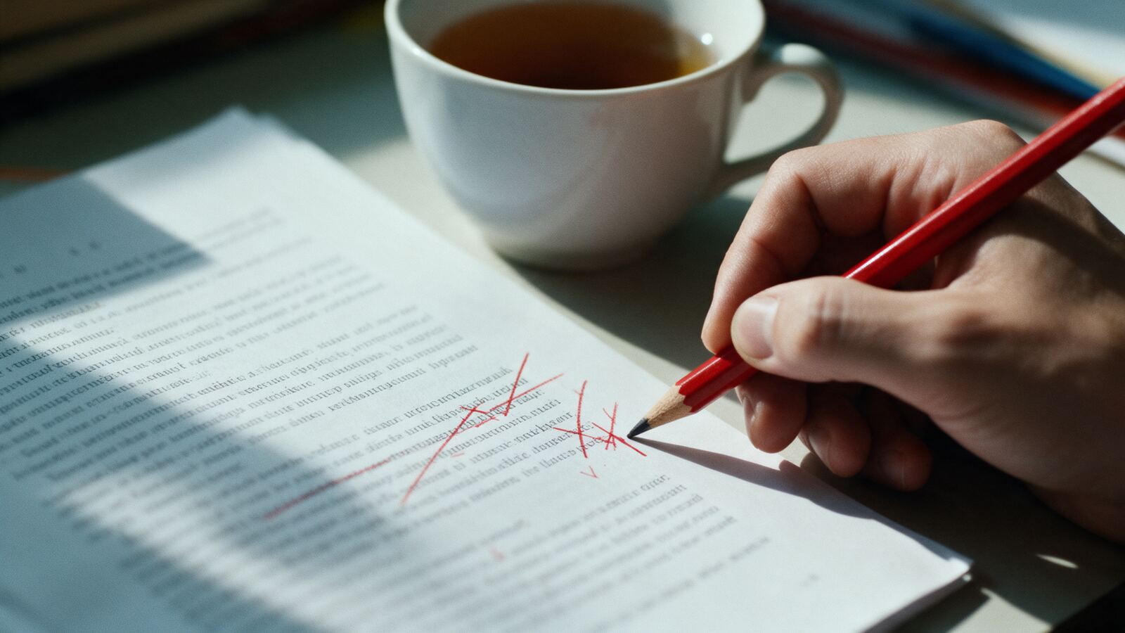 Ruka opravuje vytištěný text červenou tužkou