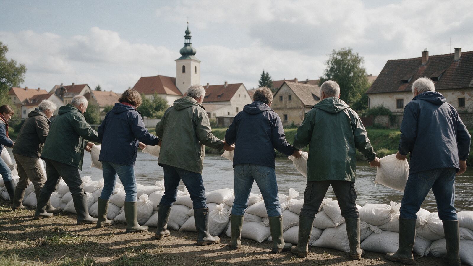 Dobrovolníci zezadu si v řetězu podávají pytle s pískem u řeky