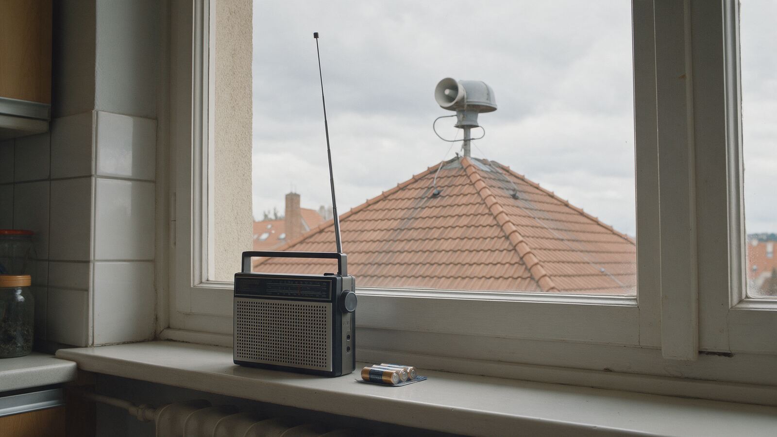 Rádio na baterky na parapetu, za oknem siréna na střeše radnice
