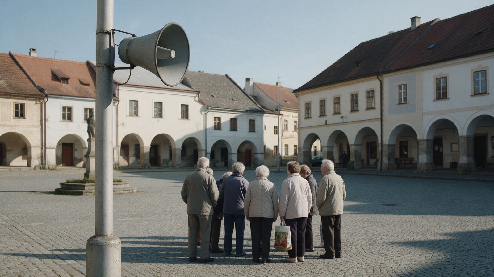 Obecní rozhlas na sloupu na náměstí, lidé zezadu poslouchají