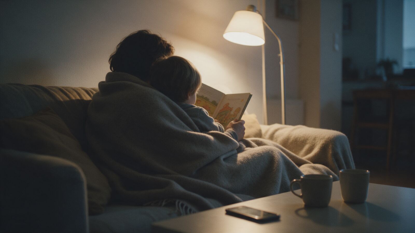 Rodič s dítětem zezadu na gauči pod dekou čtou knížku, telefon leží displejem dolů