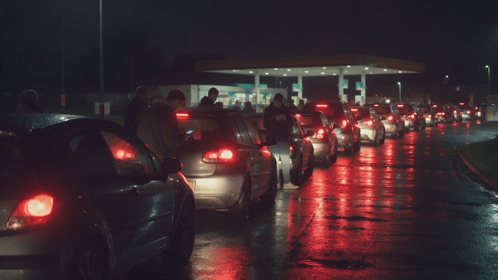 Kolona aut v noci a v dešti před čerpací stanicí