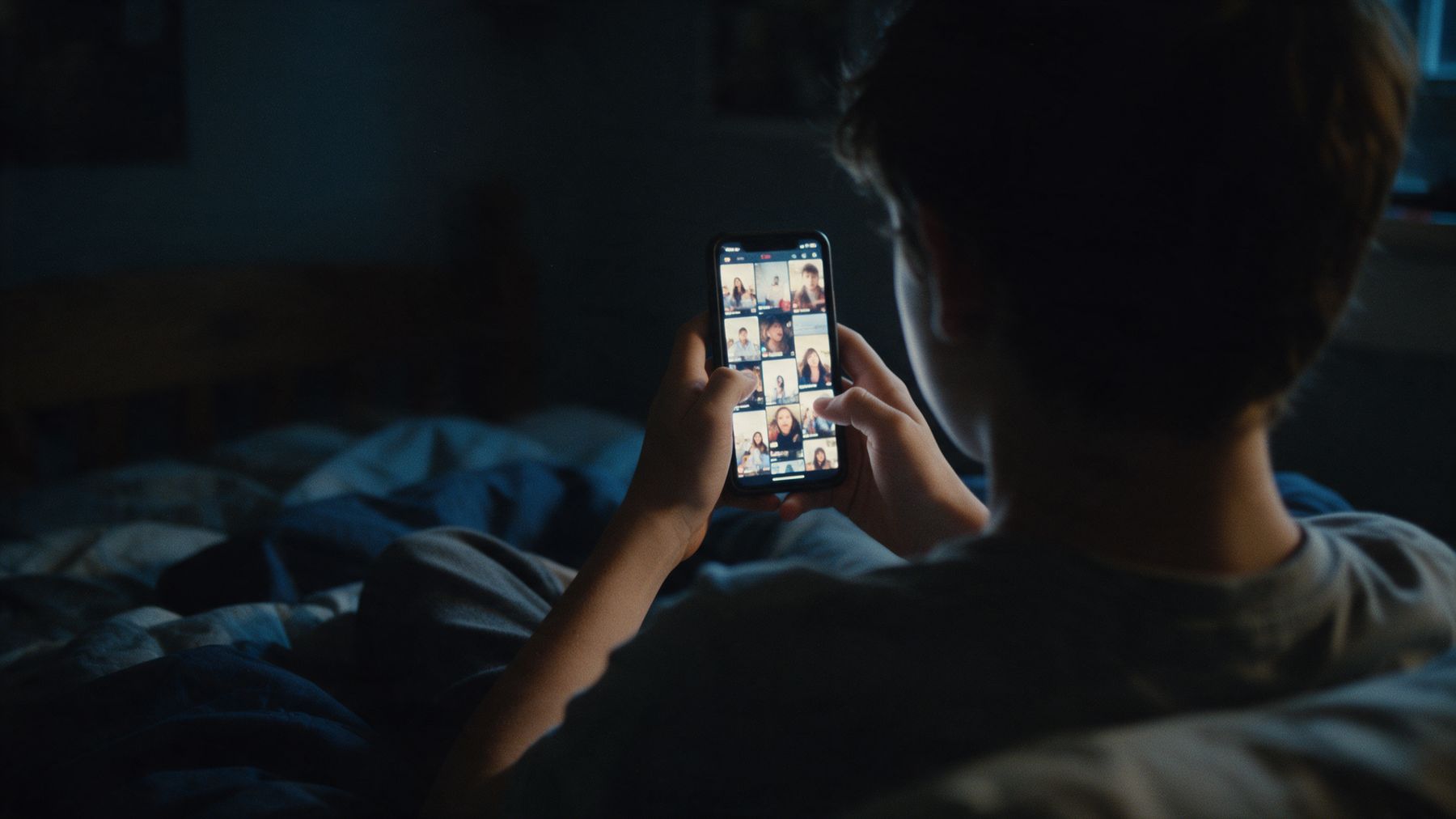 Dospívající v temném pokoji, obličej osvětlený displejem telefonu, pohled zezadu