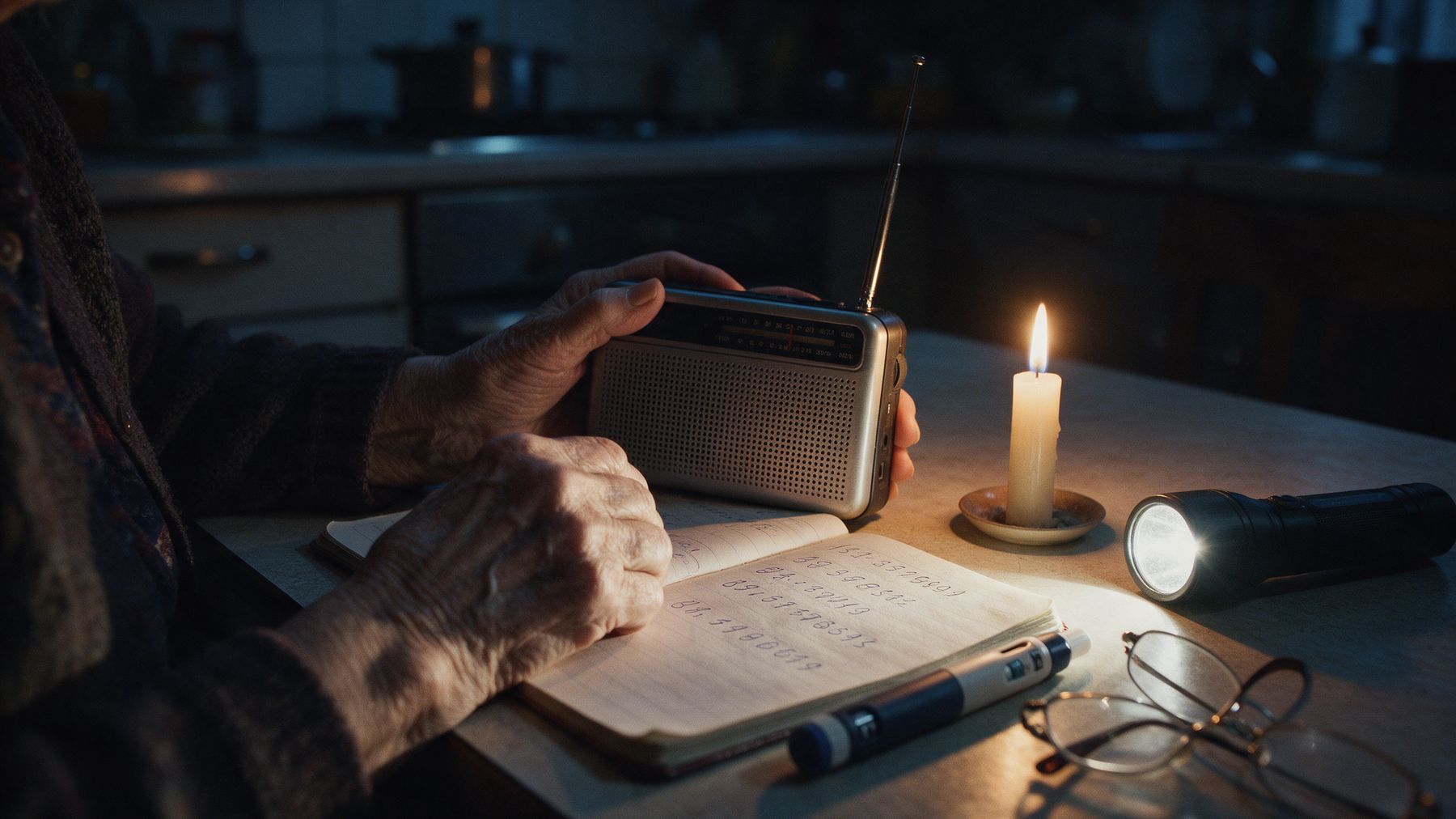 Ruce starší ženy drží rádio na baterky při svíčce