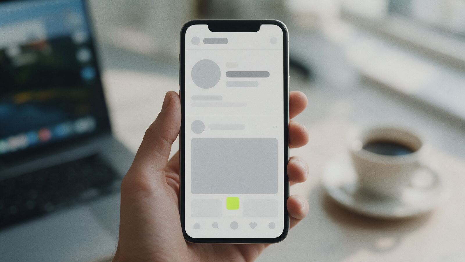 Ruka drží telefon s profilem a limetkovým odznakem