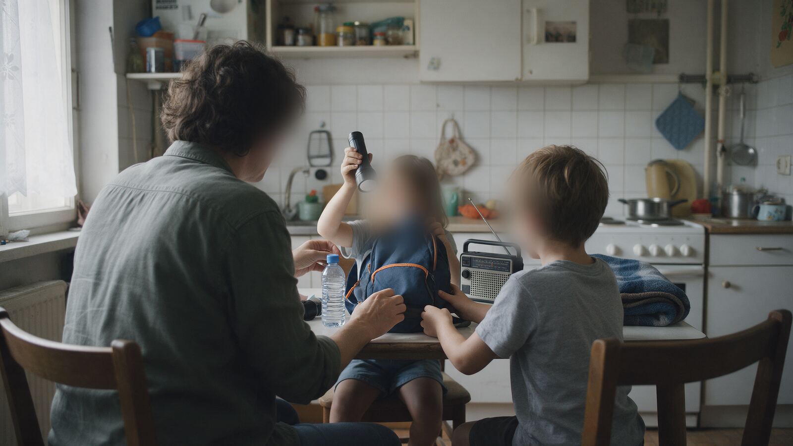 Rodič s dětmi zezadu u kuchyňského stolu balí nouzový batoh